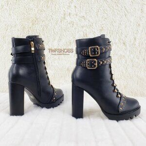 Hailey Lace Up Gold Studded Ankle Boots 4.5" Chunky Heels